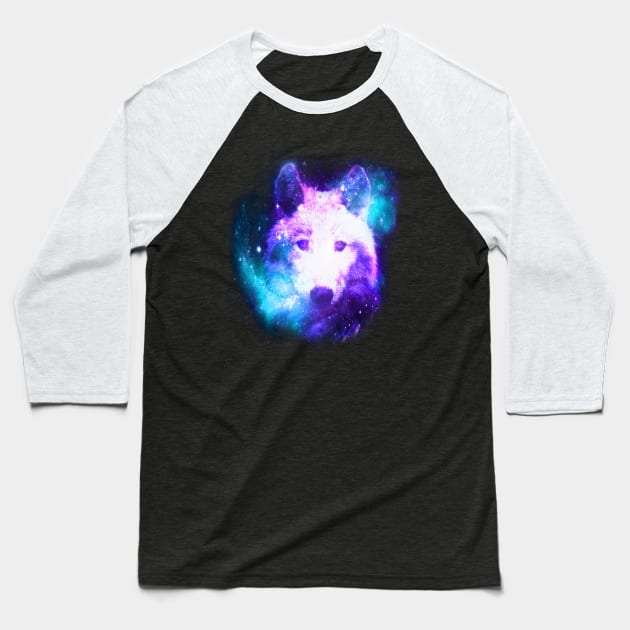 Dramabite Wolf Galaxy Surreal Wild Lone Wolves Double Exposure Stars Baseball T-Shirt by dramabite